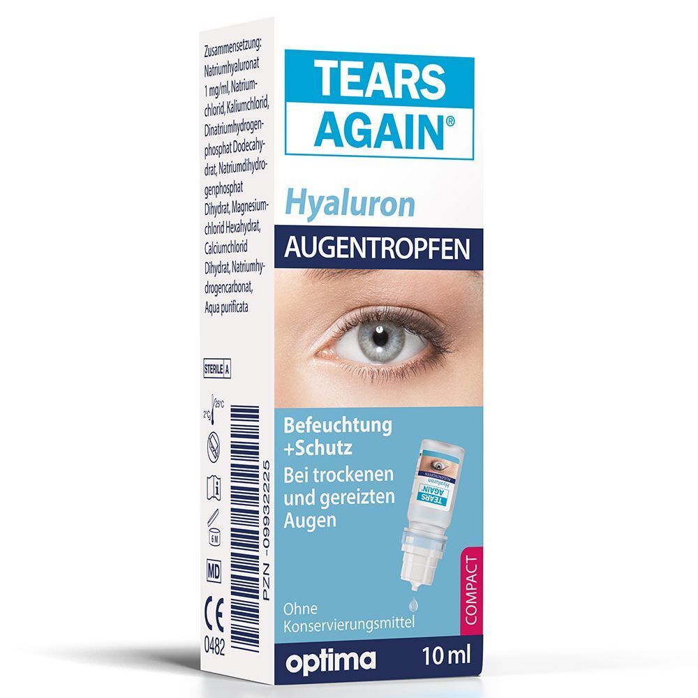 Verpackung von TEARS AGAIN® Hyaluron Augentropfen. Blauer Schriftzug, Produktname, Abbildung eines Auges. 10 ml Flasche.