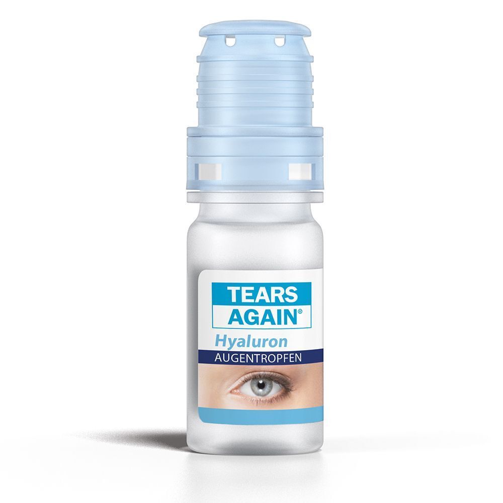 TEARS AGAIN® Hyaluron Augentropfen Flasche. Weißes Fläschchen mit blauem Verschluss. Produktname und Abbildung eines Auges.