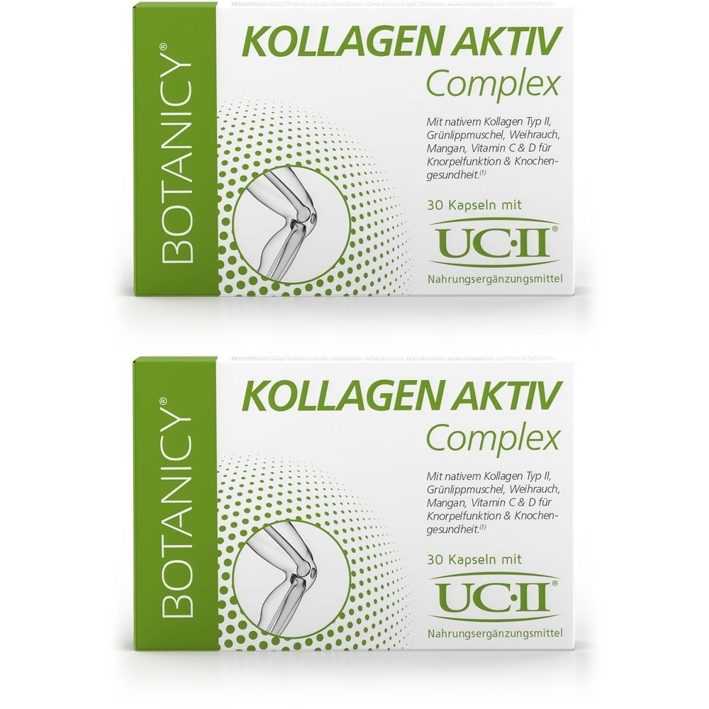 Zwei Schachteln BOTANICY Kollagen Aktiv Complex. Weiße Verpackung mit grünen Akzenten. Text: KOLLAGEN AKTIV Complex, 30 Kapseln mit UC-II.