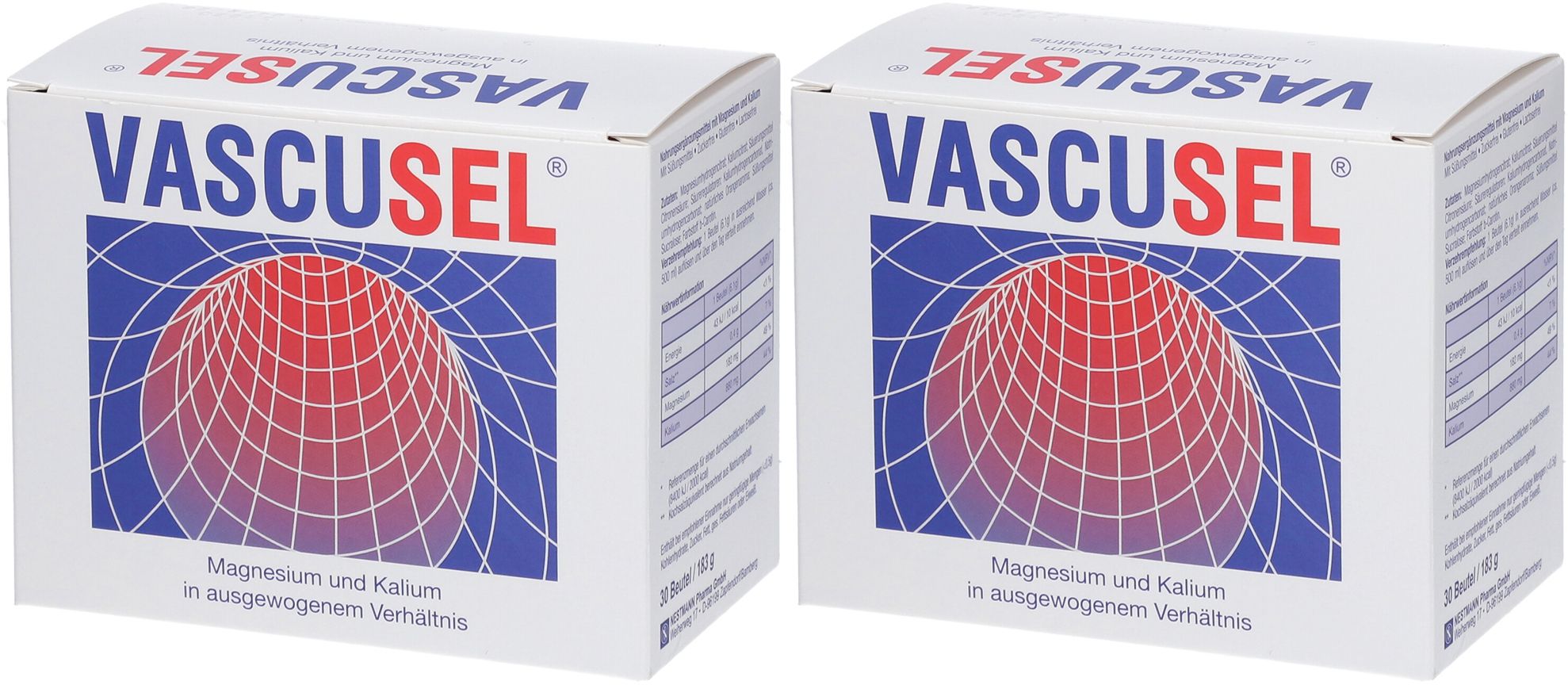 Zwei weiße Kartons mit roter und blauer Grafik. Aufschrift: VASCUSEL. Text: Magnesium und Kalium in ausgewogenem Verhältnis.