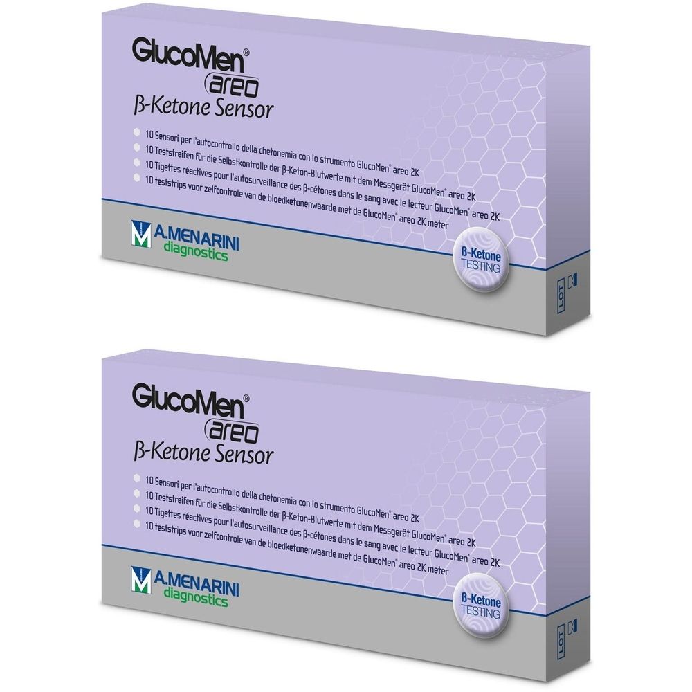 Zwei Packungen mit dem Produkt GlucoMen areo ß-Ketone Sensor. Aufschrift: B-Ketone Testing. Hersteller: AMENARINI diagnostics.