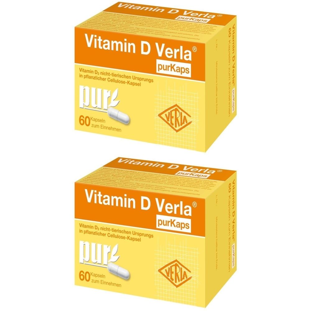 Zwei gelbe Kartons mit der Aufschrift "Vitamin D Verla purKaps". Eine Kapsel und die Zahl 60 sind abgebildet. Das Logo ist sichtbar.