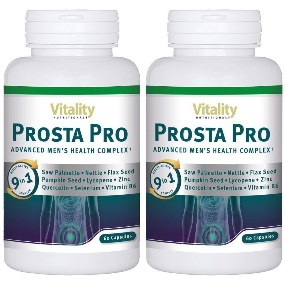 Zwei weiße Flaschen mit Etiketten. Aufschrift: Prosta Pro, Vitality. Enthält 60 Kapseln. Zutaten: Sägepalme, Brennnessel, etc.