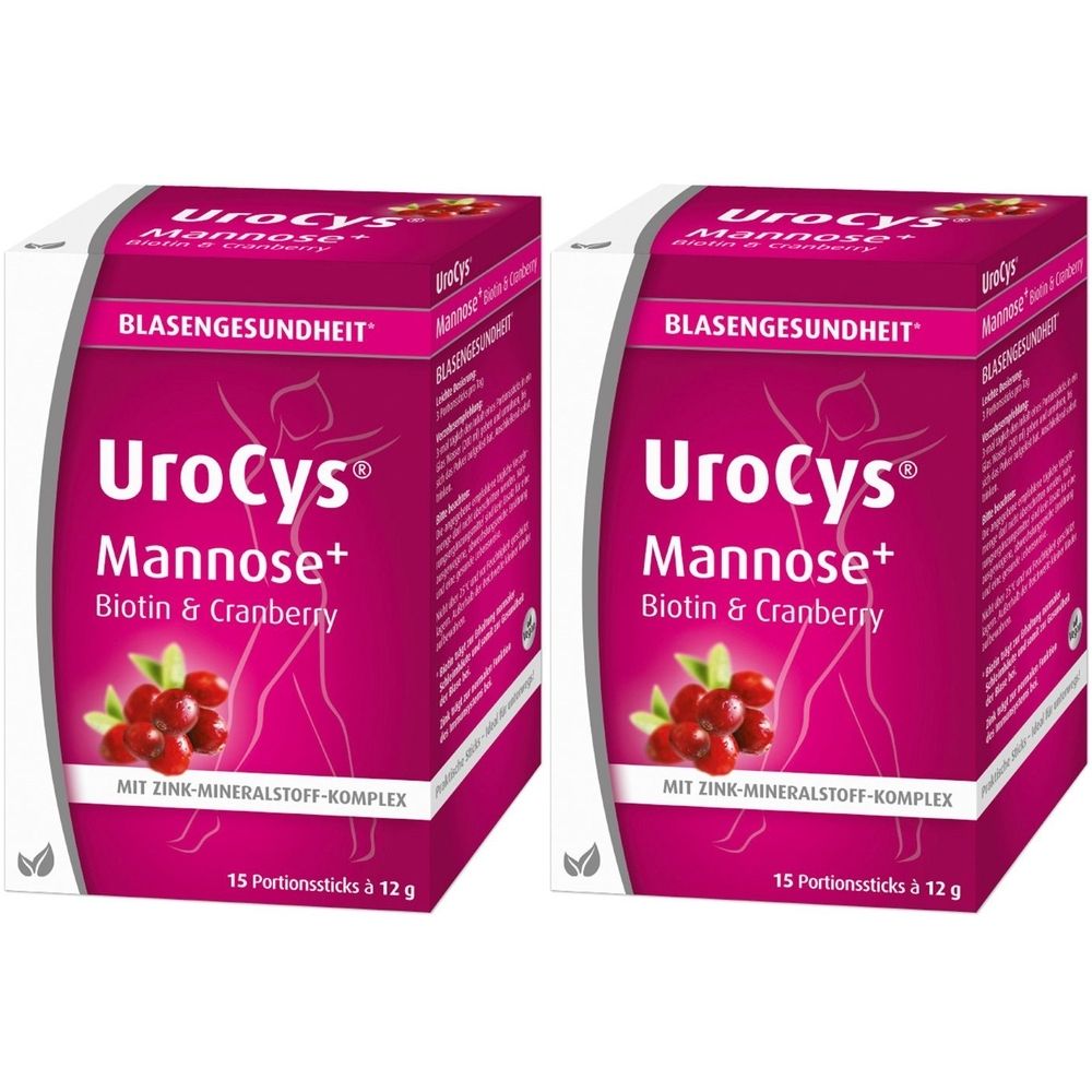 Zwei Packungen UroCys Mannose+ mit Cranberry und Biotin. Aufschrift: Blasengesundheit. 15 Portionssticks. Pinke Verpackung mit Abbildung von Cranberrys.