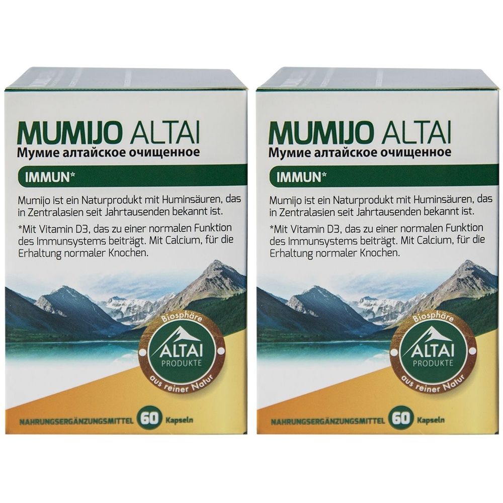 Zwei rechteckige Kartons mit Produktnamen MUMIJO ALTAI. Text in Deutsch und Russisch. Aufdruck: 60 Kapseln, IMMUN.