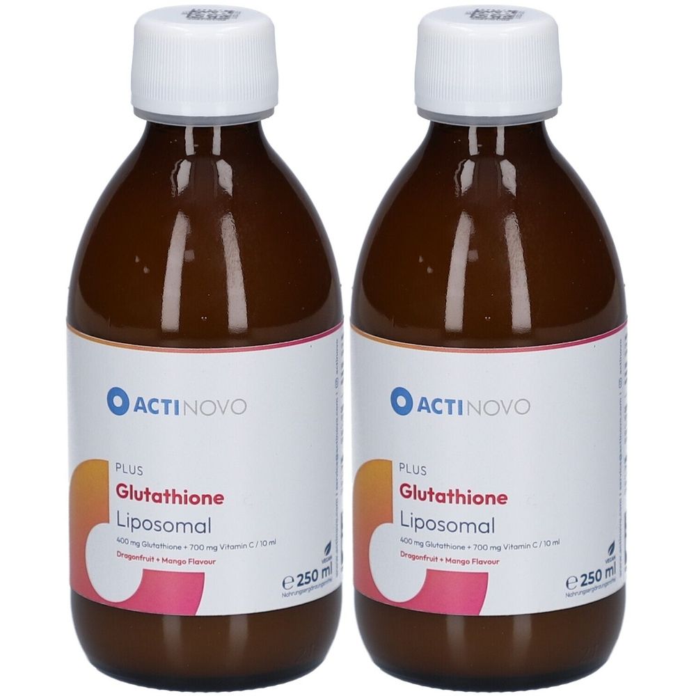 Zwei braune Flaschen mit weißem Deckel. Aufschrift: ACTINOVO PLUS Glutathion Liposomal. 250 ml.