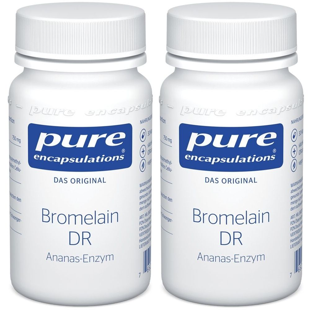 Zwei weiße Flaschen mit blauen Etiketten. Aufschrift: pure encapsulations, Bromelain DR, Ananas-Enzym.