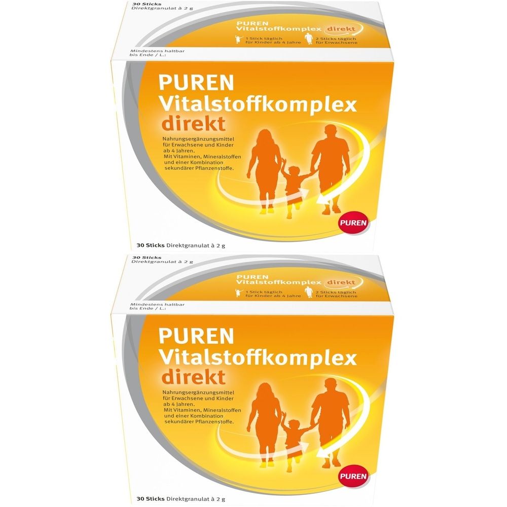 Zwei Packungen Vitalstoffkomplex direkt. Orangefarbene Verpackung mit Produktnamen, Familienabbildung und PUREN-Logo.