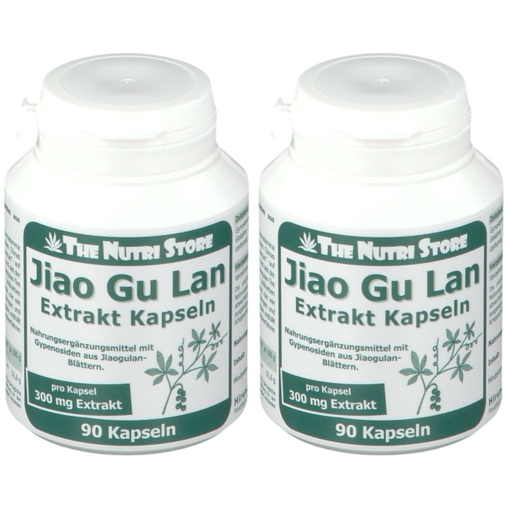 Zwei weiße Flaschen mit Etiketten. Auf den Etiketten steht "Jiao Gu Lan Extrakt Kapseln" und "90 Kapseln".