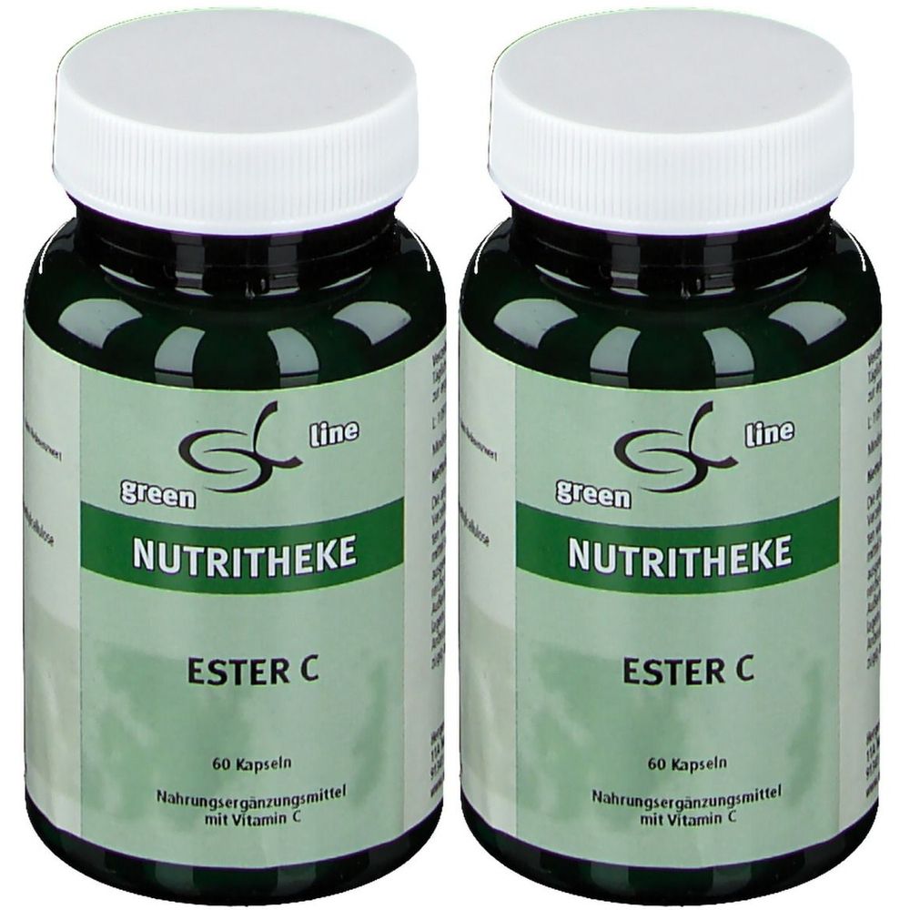 Zwei grüne Flaschen mit weißen Deckeln. Aufschrift: green line NUTRITHEKE Ester C. Enthält 60 Kapseln. Nahrungsergänzungsmittel mit Vitamin C.