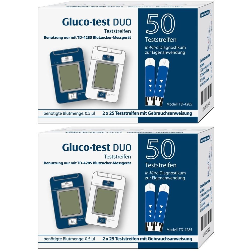 Zwei Packungen Gluco-test DUO Teststreifen. Auf jeder Packung sind 50 Teststreifen abgebildet, sowie ein Blutzuckermessgerät.