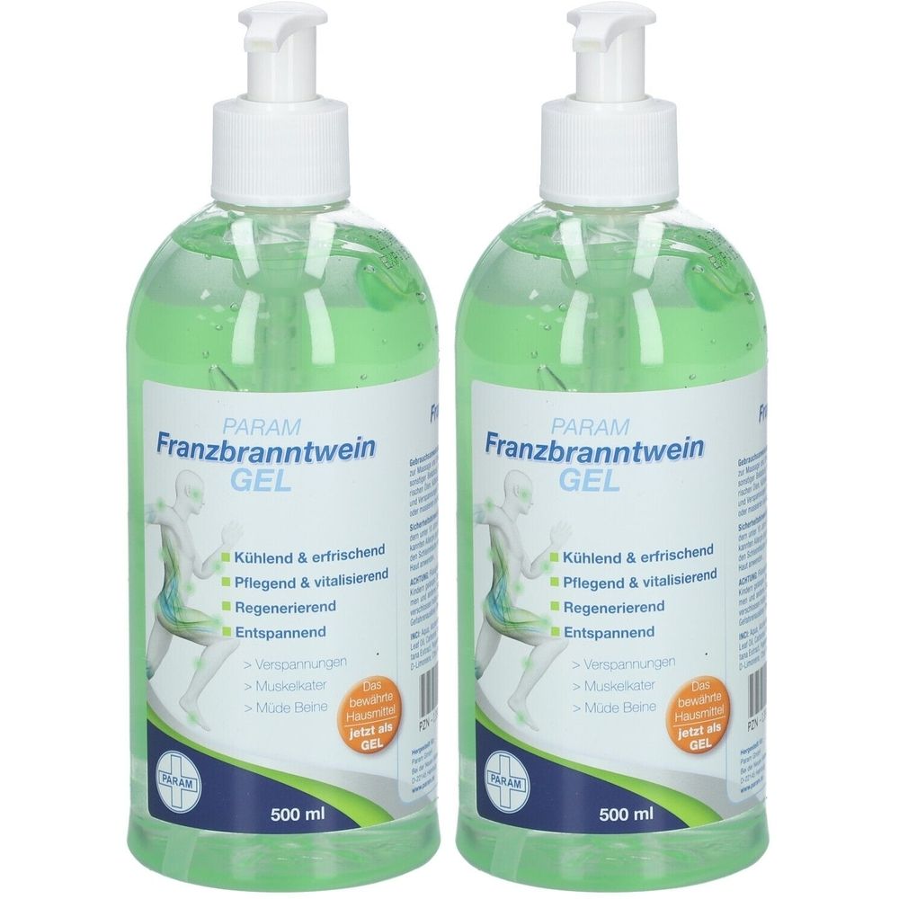 Zwei Flaschen PARAM Franzbranntwein Gel mit Pump-Spender. Grüne Flüssigkeit, weißer Spender. Aufschrift: GEL, 500 ml.