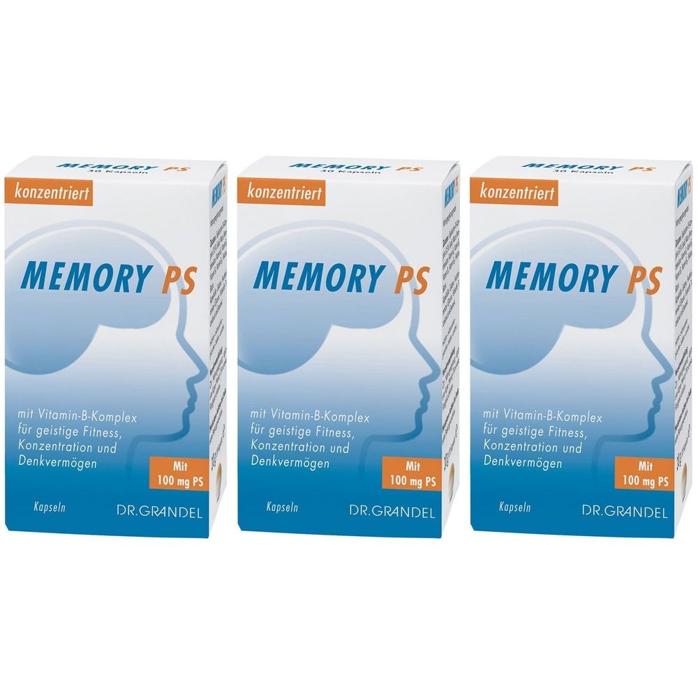 Drei Schachteln MEMORY PS Kapseln. Aufschrift: konzentriert, MEMORY PS, mit Vitamin-B-Komplex, 100 mg PS, DR. GRANDEL.