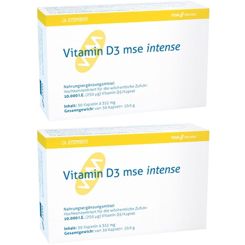 Zwei weiße Schachteln mit gelben Akzenten. Aufschrift: Vitamin D3 mse intense. Text: Nahrungsergänzungsmittel, 30 Kapseln.