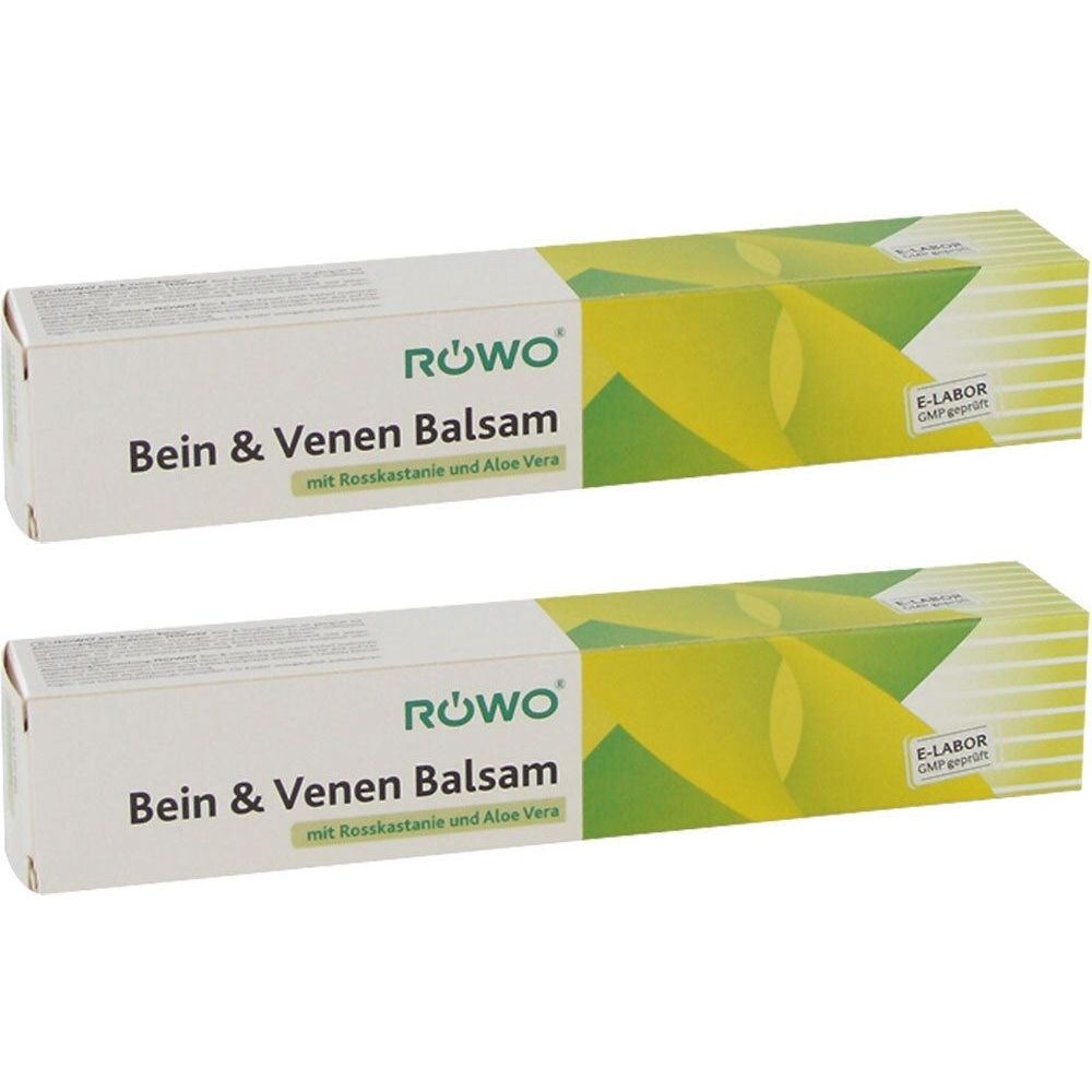Zwei rechteckige Verpackungen. Aufschrift: RÖWO Bein & Venen Balsam mit Rosskastanie und Aloe Vera. E-LABOR.