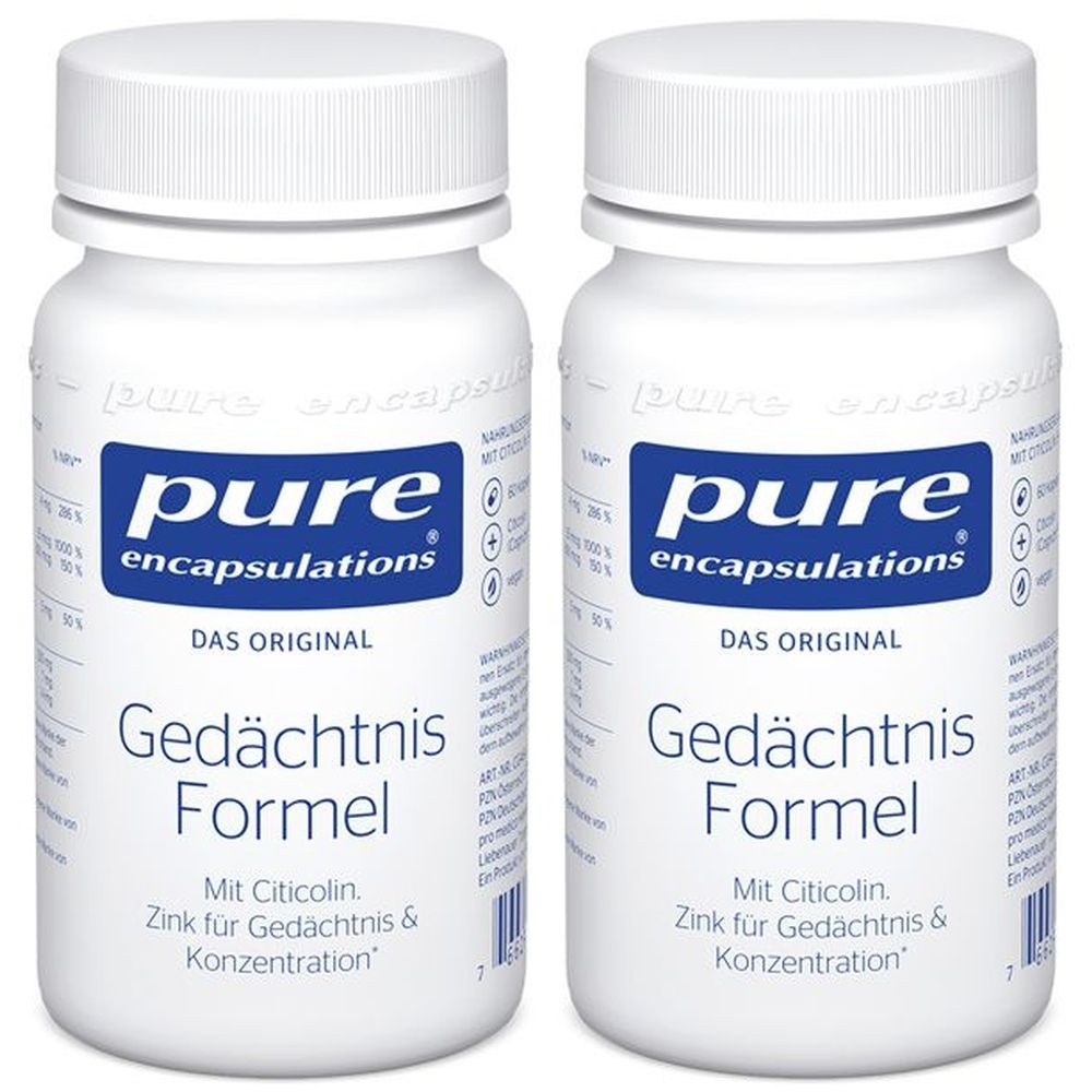 Zwei weiße Flaschen mit blauem Etikett. Aufschrift: pure encapsulations, Gedächtnis Formel. Mit Citicolin, Zink für Gedächtnis & Konzentration.