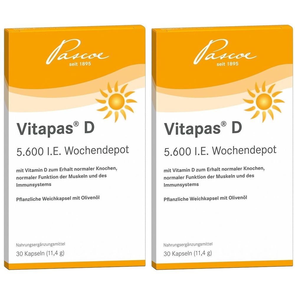 Zwei Packungen Vitapas® D 5.600 I.E. Wochendepot. Gelbe Verpackung mit Produktnamen, Sonnen-Symbol und Text. Enthält 30 Kapseln.