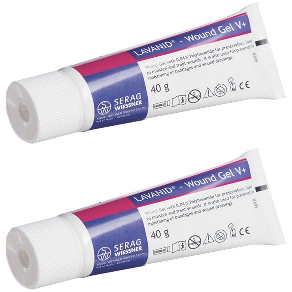 Zwei Tuben LAVANID® Wundgel V+. Weiße Tuben mit roter und blauer Beschriftung. 40 g. CE-Zeichen.