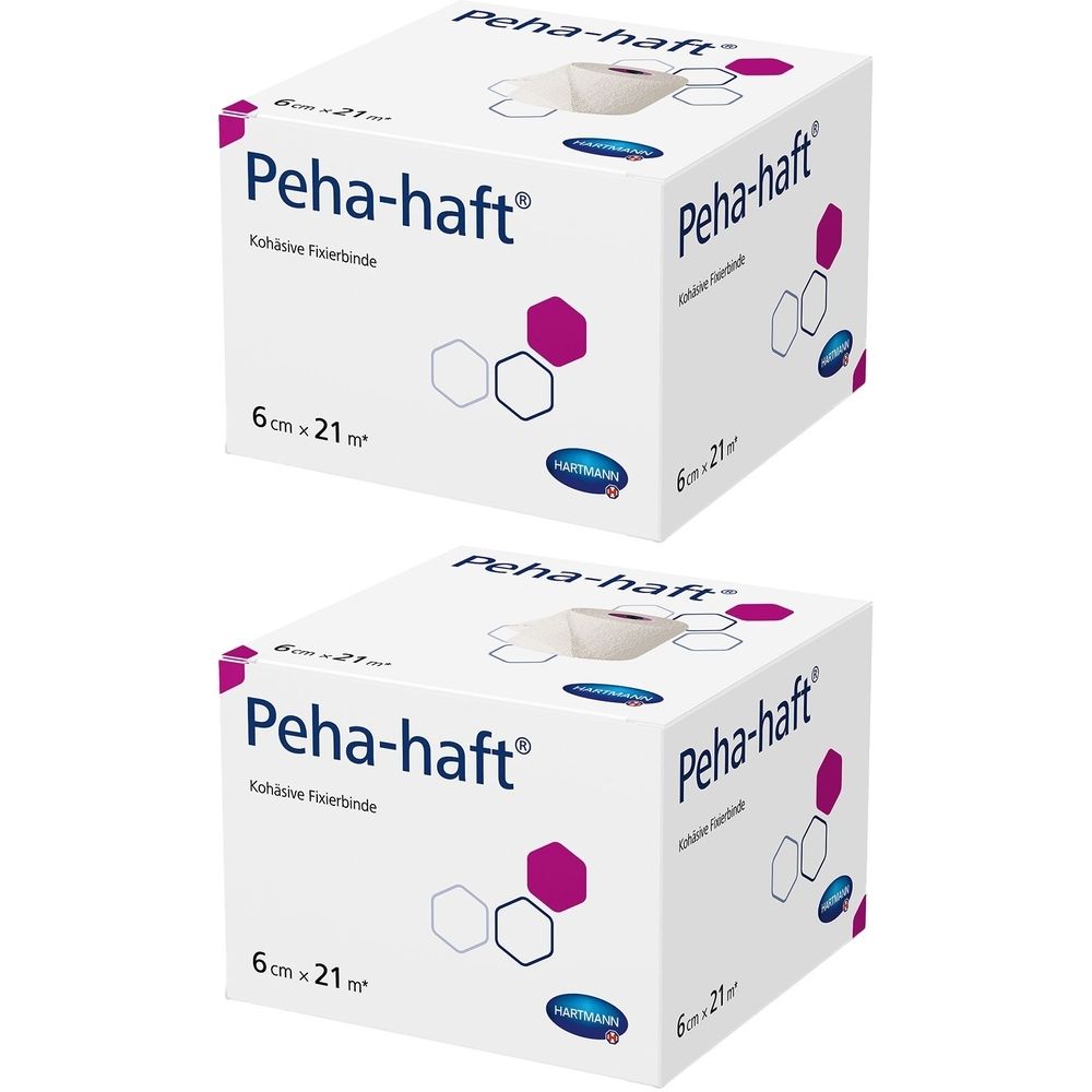 Zwei weiße Kartons mit der Aufschrift Peha-haft®. Aufdruck: 6 cm x 21 m. Marke Hartmann.