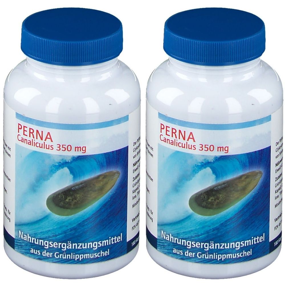 Zwei weiße Flaschen mit blauen Deckeln. Aufschrift: PERNA Canaliculus 350 mg. Darunter ein Bild einer Muschel. Text: Nahrungsergänzungsmittel aus der Grünlippmuschel.