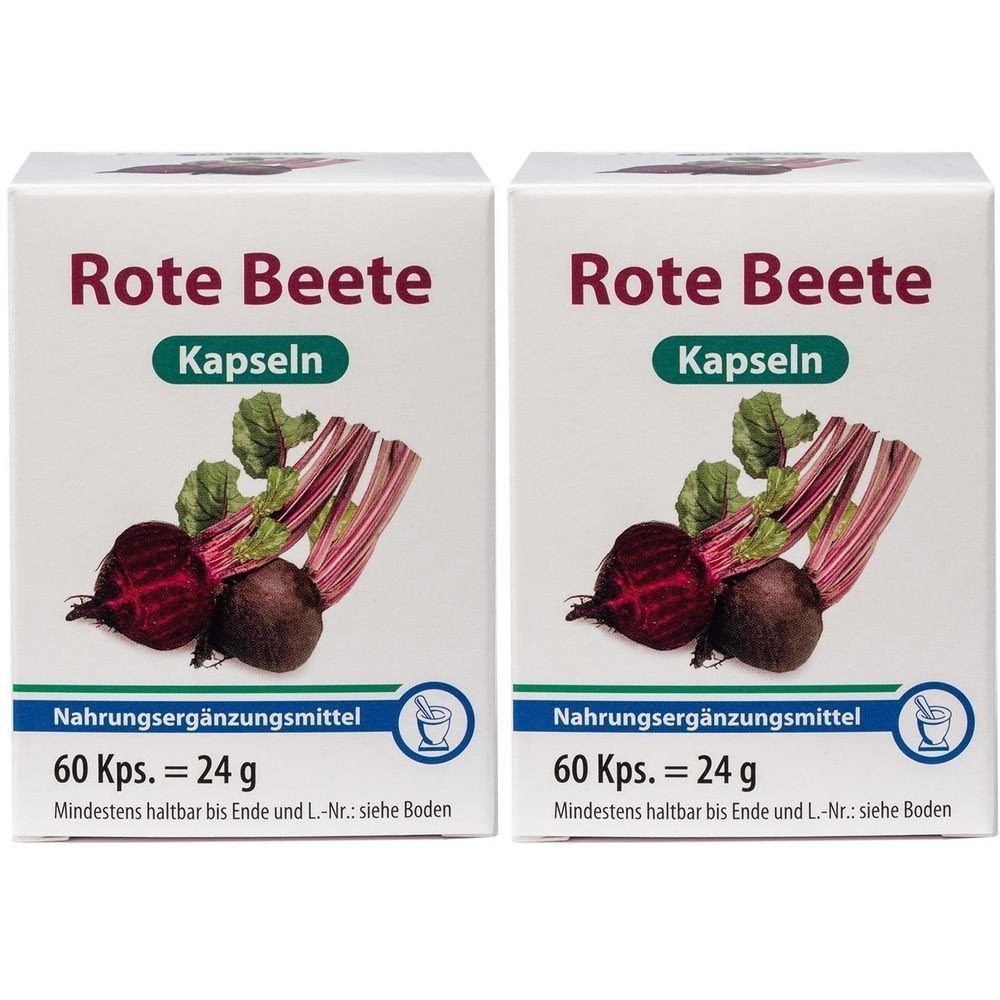 Zwei weiße Kartons mit „Rote Beete Kapseln“-Aufdruck. Abbildung von Rote Bete. Text: Nahrungsergänzungsmittel, 60 Kps. = 24 g.
