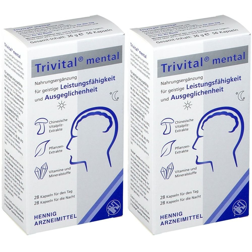 Zwei weiße Schachteln mit "Trivital mental"-Aufdruck. Enthält Nahrungsergänzungsmittel für geistige Leistungsfähigkeit und Ausgeglichenheit.