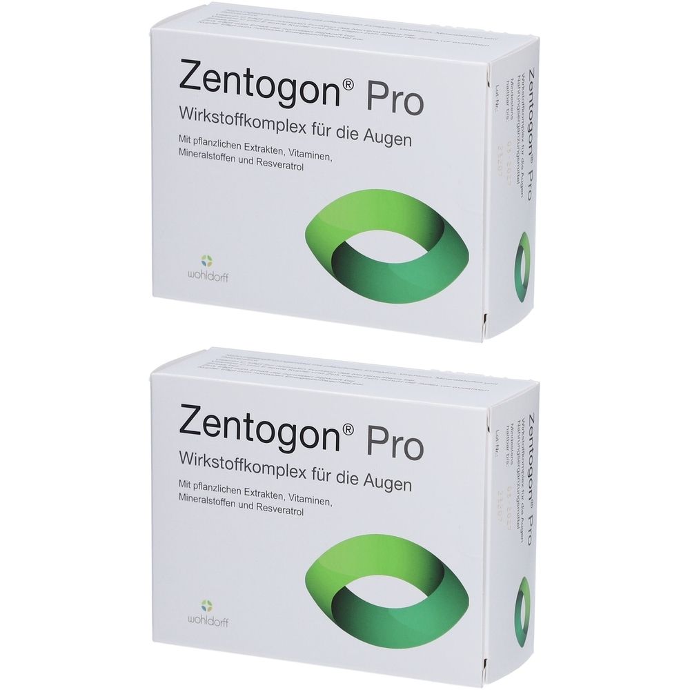 Zwei weiße Schachteln mit dem Produktnamen Zentogon® Pro. Aufdruck: Wirkstoffkomplex für die Augen. Grünes Logo. Text in deutscher Sprache.
