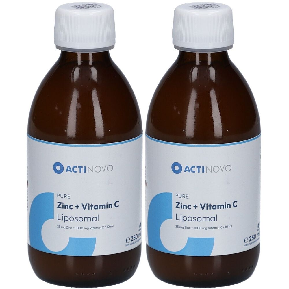 Zwei braune Glasflaschen mit weißen Deckeln. Etiketten mit ACTINOVO, Zink + Vitamin C Liposomal. E250-Kennzeichnung.