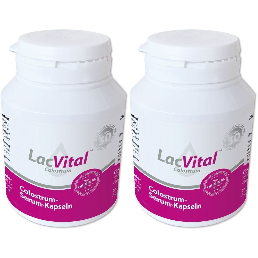 Zwei weiße Flaschen mit Deckel. Aufschrift: LacVital Colostrum, Serum-Kapseln. Auf jeder Flasche ein rundes Siegel mit Text.