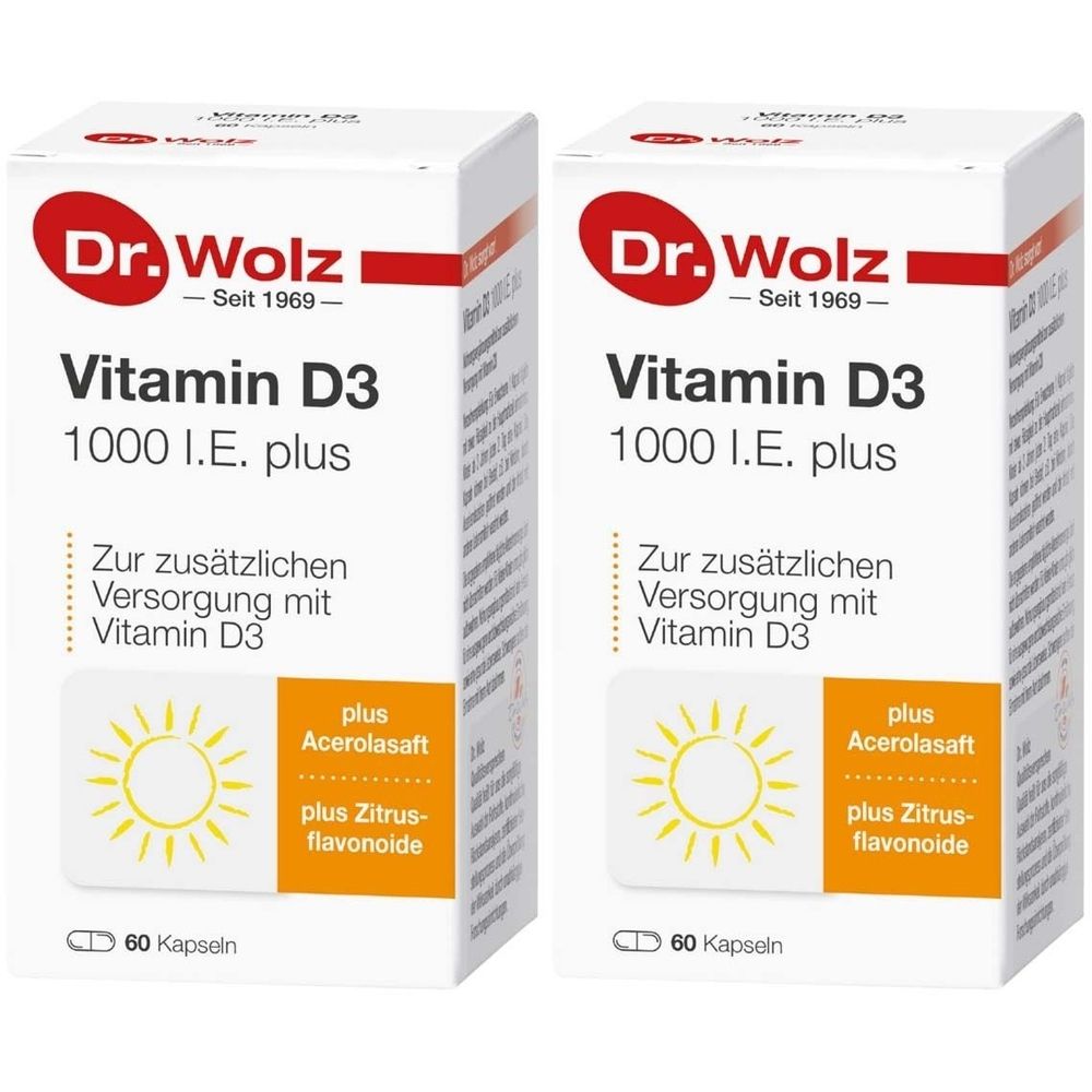 Zwei weiße Kartons mit „Dr. Wolz Vitamin D3 1000 I.E. plus“. Text: „Zur zusätzlichen Versorgung mit Vitamin D3“. 60 Kapseln.
