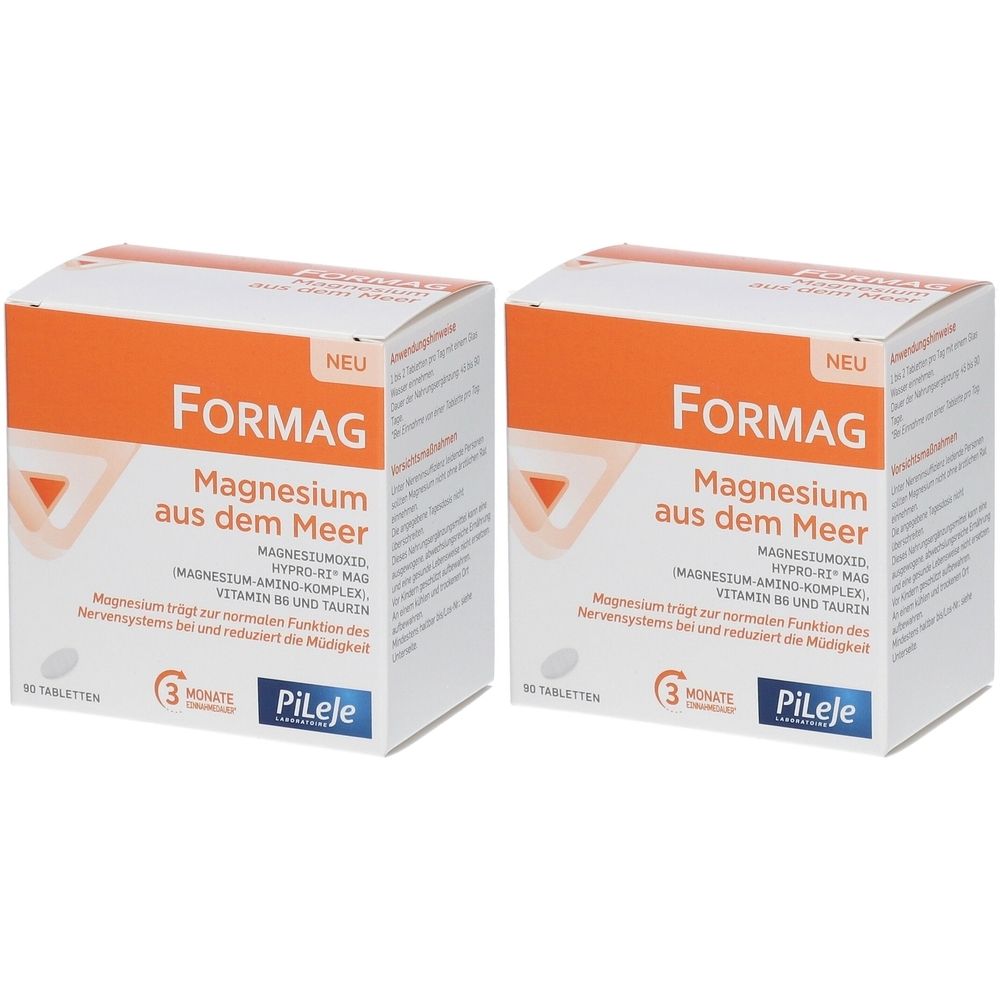 Zwei Schachteln FORMAG Magnesium. Weiße Verpackung mit orangefarbenem Streifen. Text: Magnesium aus dem Meer, 3 Monate, Pileje.