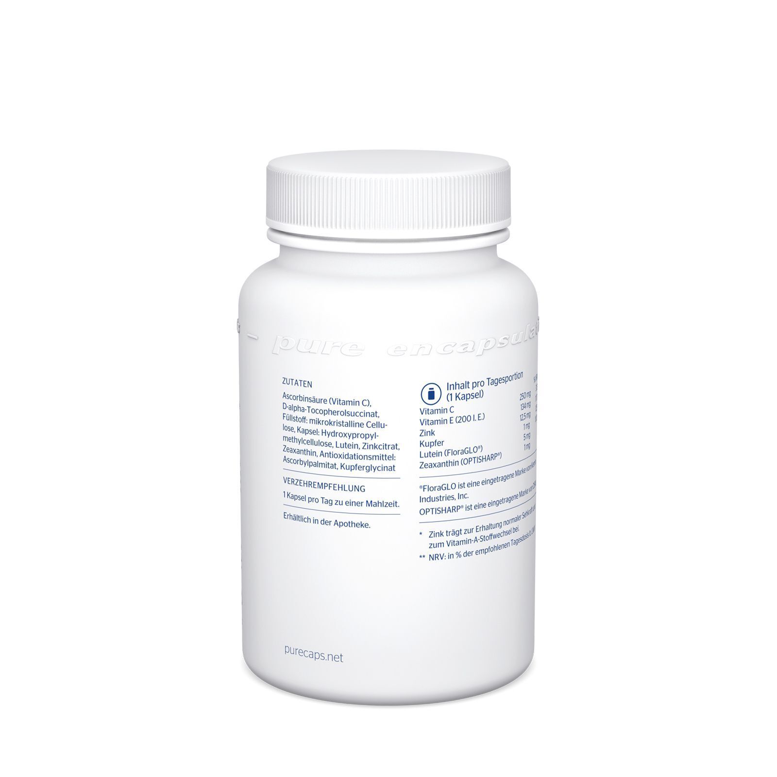 Weiße Flasche mit Schraubverschluss. Etikett mit Inhaltsstoffen, darunter Vitamin C und E. Text: pure encapsulations®.