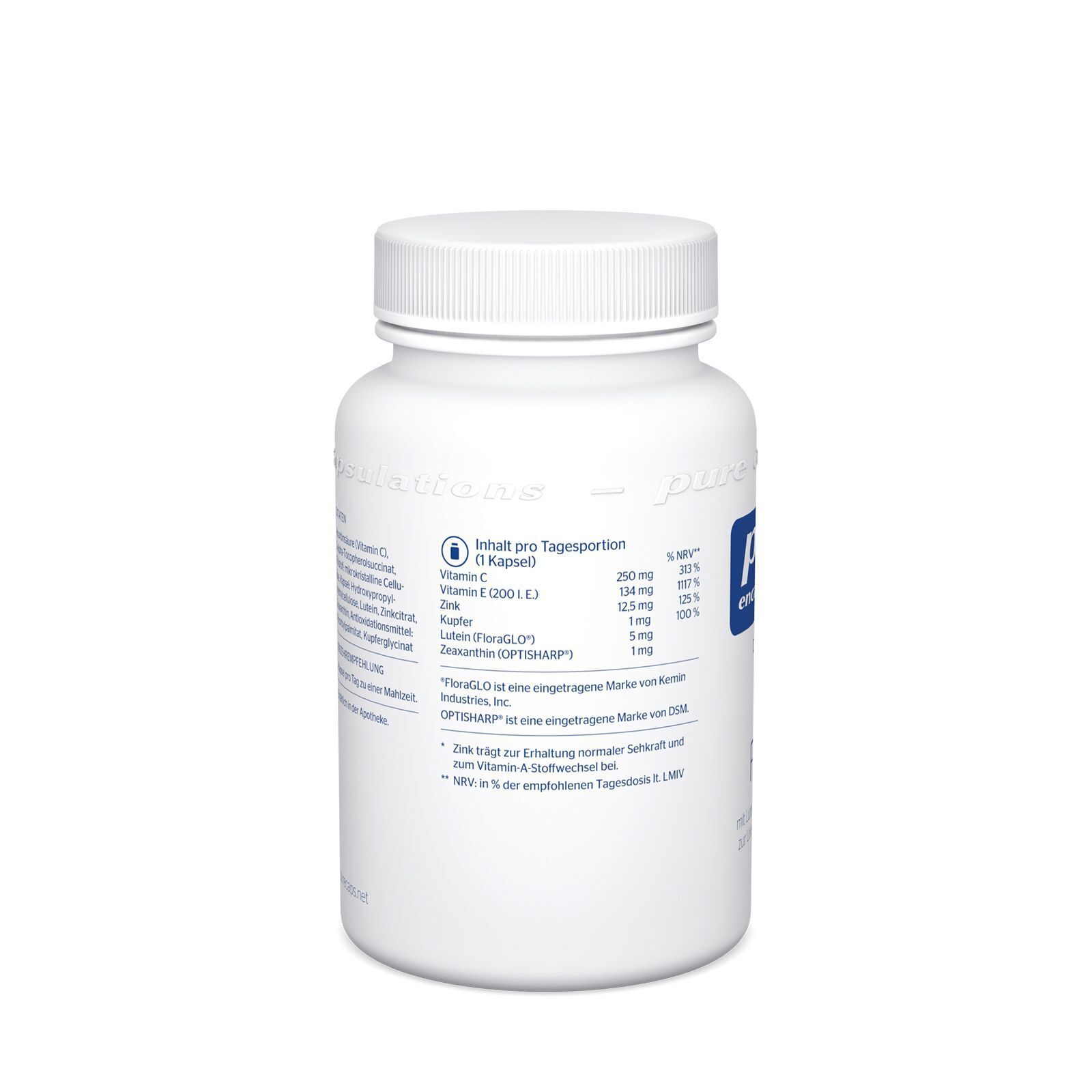Weiße Flasche mit Schraubverschluss. Etikett mit Nährwertangaben pro Portion. Text: pure encapsulations®.