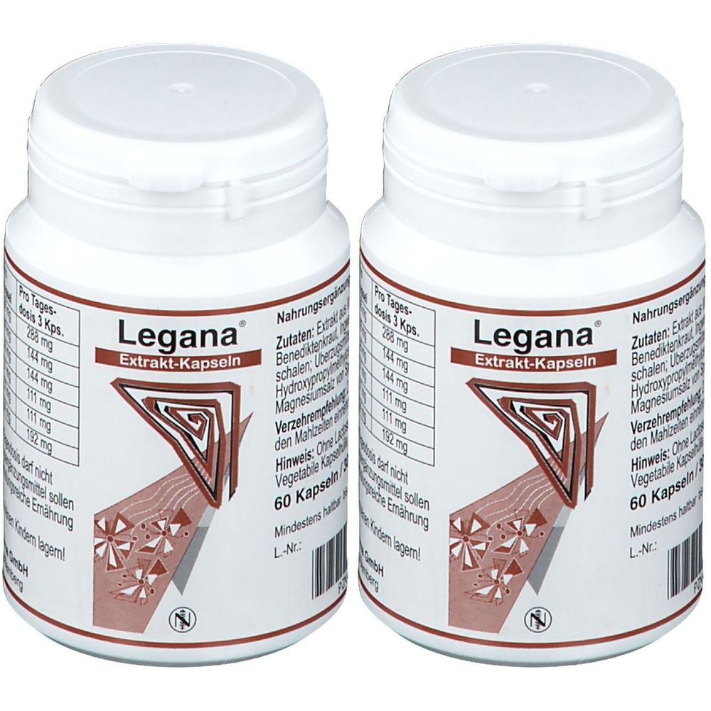 Zwei weiße Flaschen mit Legana Extrakt-Kapseln. Aufschrift: Extrakt-Kapseln, 60 Kapseln. Braune und weiße Etiketten.