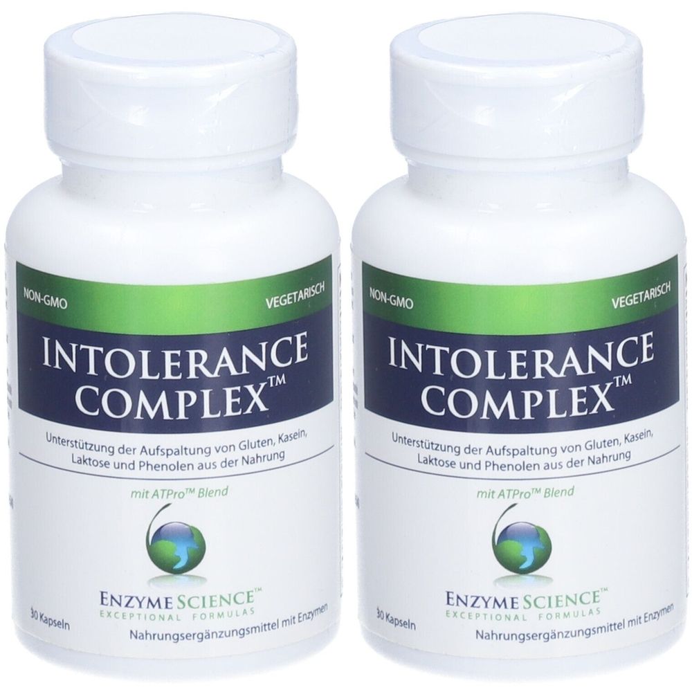 Zwei weiße Flaschen mit dem Produktnamen INTOLERANCE COMPLEX™. Aufschrift: Enzym Science. Kapseln. Vegetarisch. Nicht-GVO.