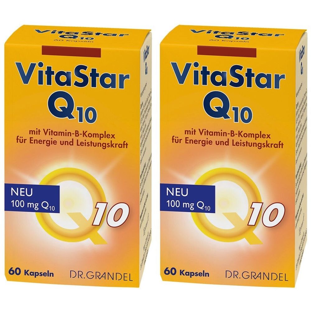 Zwei gelbe Schachteln mit "VitaStar Q10"-Aufdruck. Enthält 60 Kapseln. Aufschrift: "mit Vitamin-B-Komplex für Energie und Leistungskraft".