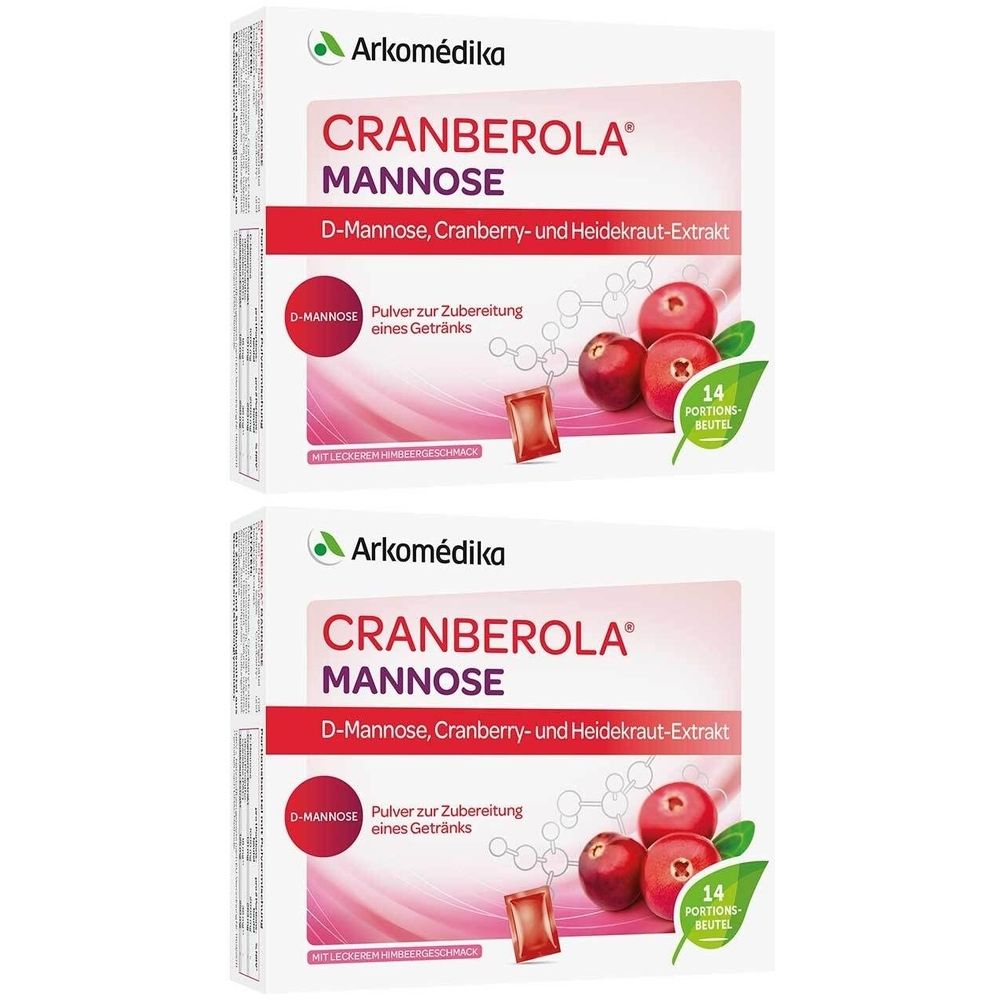 Zwei Packungen Cranberola Mannose Pulver. Aufschrift: Cranberola Mannose, D-Mannose, Cranberry- und Heidekraut-Extrakt. 14 Portionsbeutel.