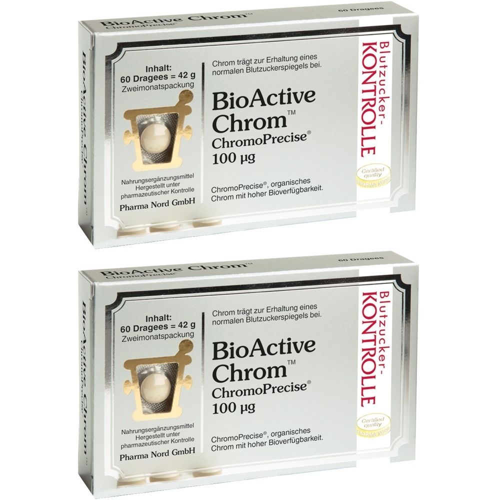 Zwei Schachteln BioActive Chrom. Aufschrift: 60 Dragees, ChromoPrecise 100 µg. Mit Blutzucker-Kontrolle-Siegel.