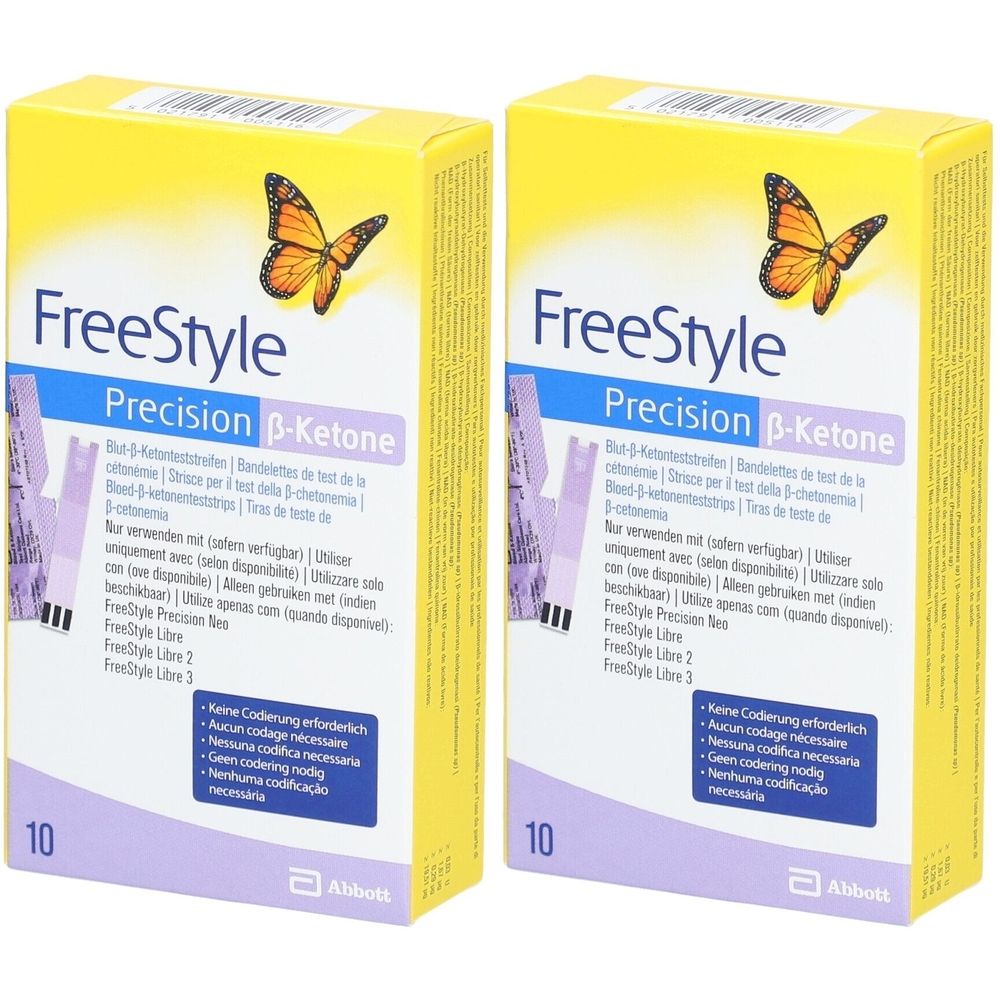 Zwei gelbe Kartons mit Aufdruck. Aufschrift: FreeStyle Precision β-Ketone. Mit Schmetterling und Text in mehreren Sprachen. Unten: 10 Teststreifen.