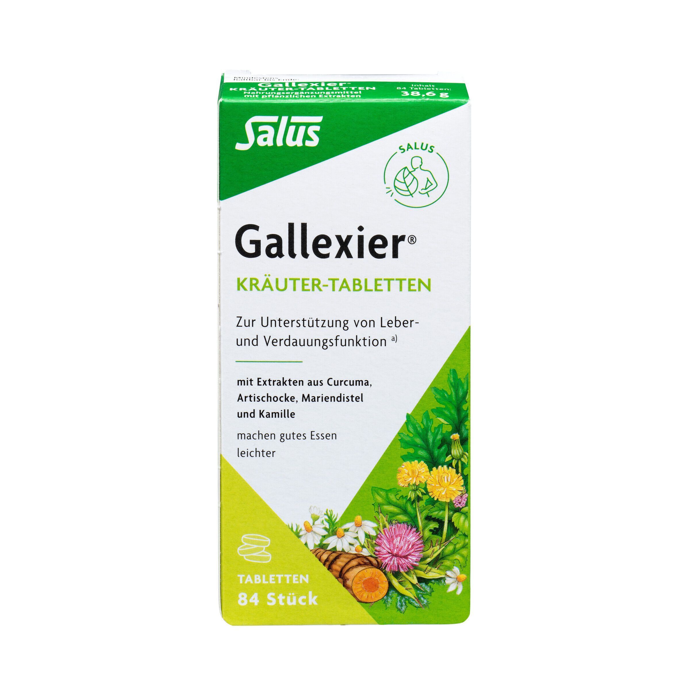 Salus® Gallexier® Kräuter-Tabletten. Weiße Schachtel mit grünem Deckel. Produktname und Logo. 84 Tabletten. Kräutermotiv.