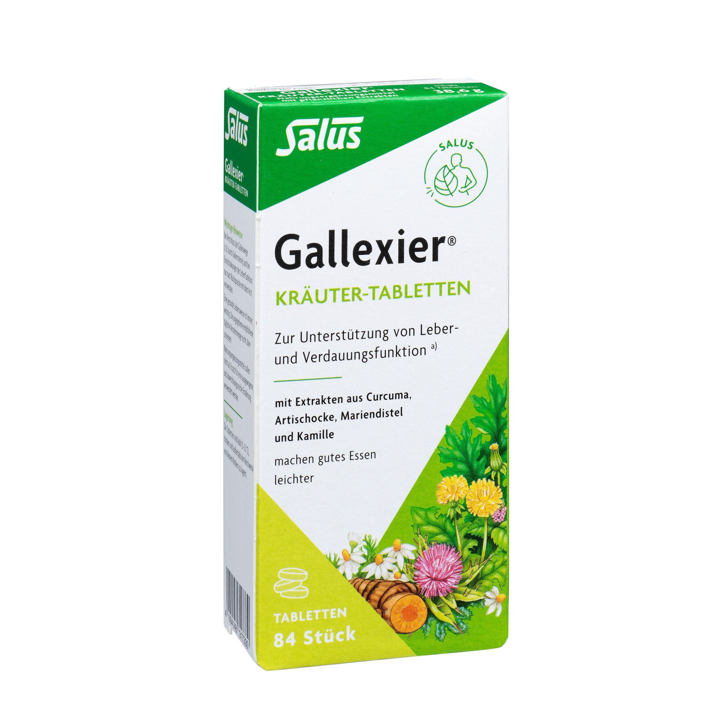 Salus® Gallexier® Kräuter-Tabletten. Weiße Schachtel mit grünem Deckel. Produktname und Logo. 84 Tabletten. Kräutermotiv.