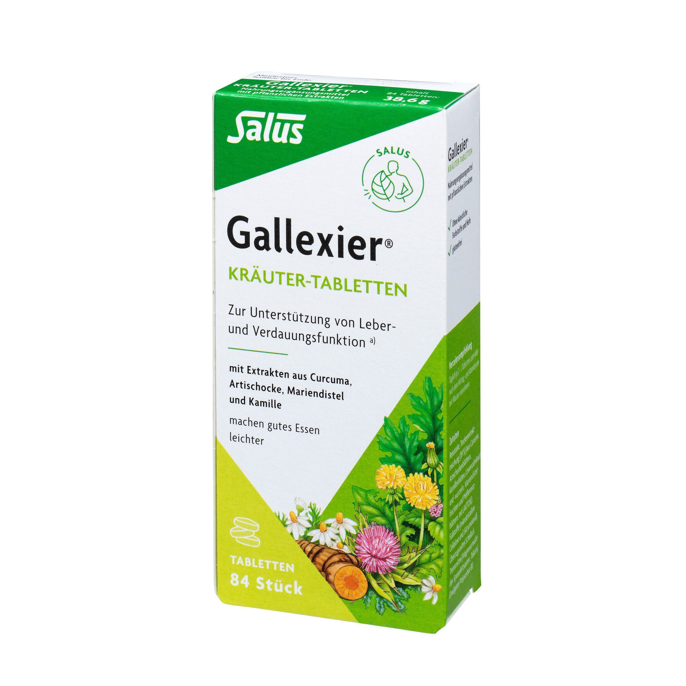 Salus® Gallexier® Kräuter-Tabletten. Weiße Schachtel mit grünem Deckel. Produktname und Logo. 84 Tabletten. Kräutermotiv.