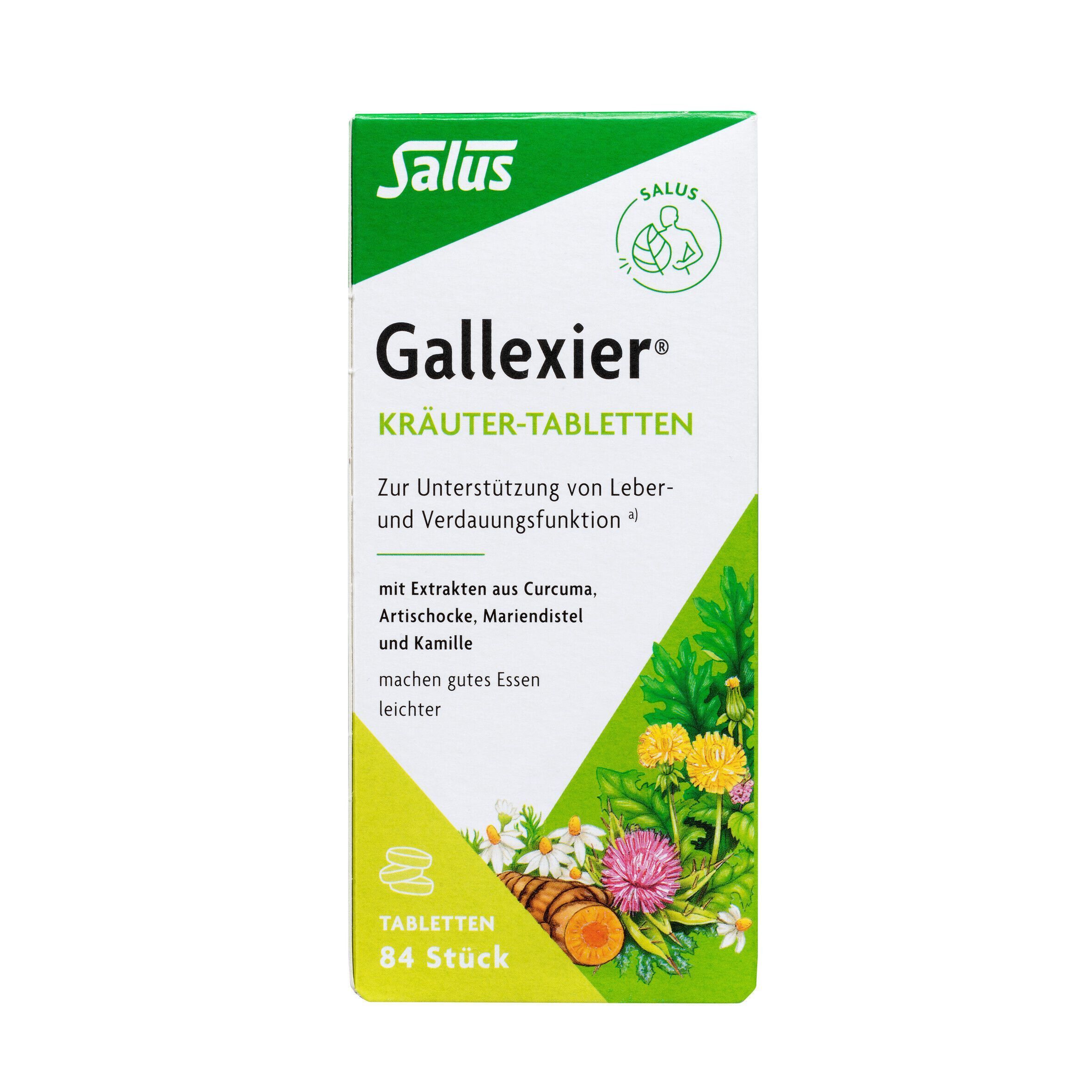 Salus® Gallexier® Kräuter-Tabletten. Weiße Schachtel mit grünem Deckel. Produktname und Logo. 84 Tabletten. Kräutermotiv.