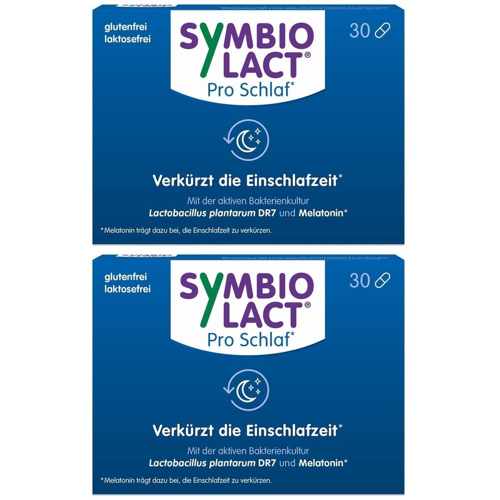 Zwei blaue Schachteln mit "SYMBIO LACT Pro Schlaf"-Logo. Text: "Verkürzt die Einschlafzeit". Enthält 30 Kapseln. Glutenfrei, laktosefrei.