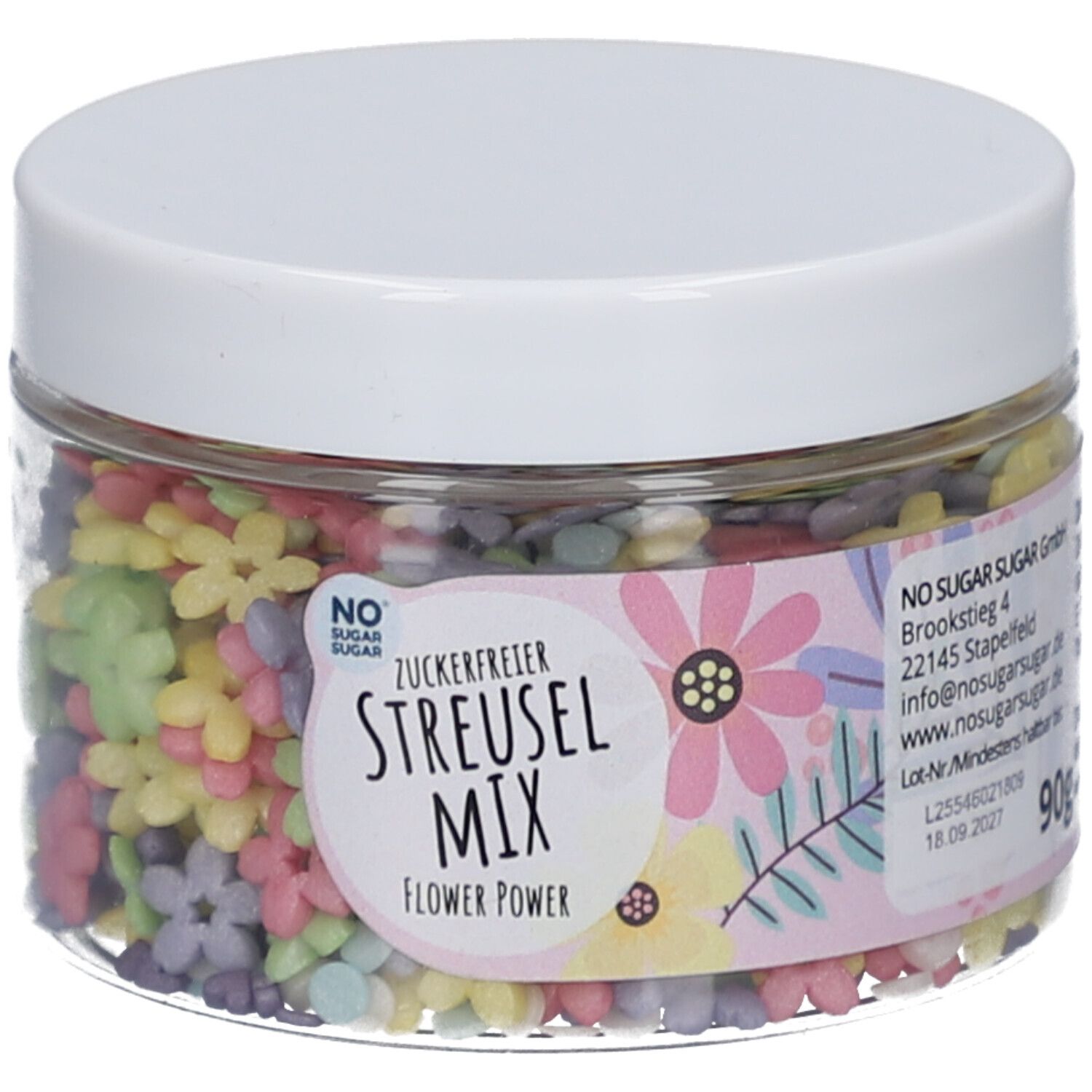 Klare Dose mit bunten, blütenförmigen Streuseln. Aufkleber mit Produktname: Streusel Mix Flower Power. Deckel weiß.