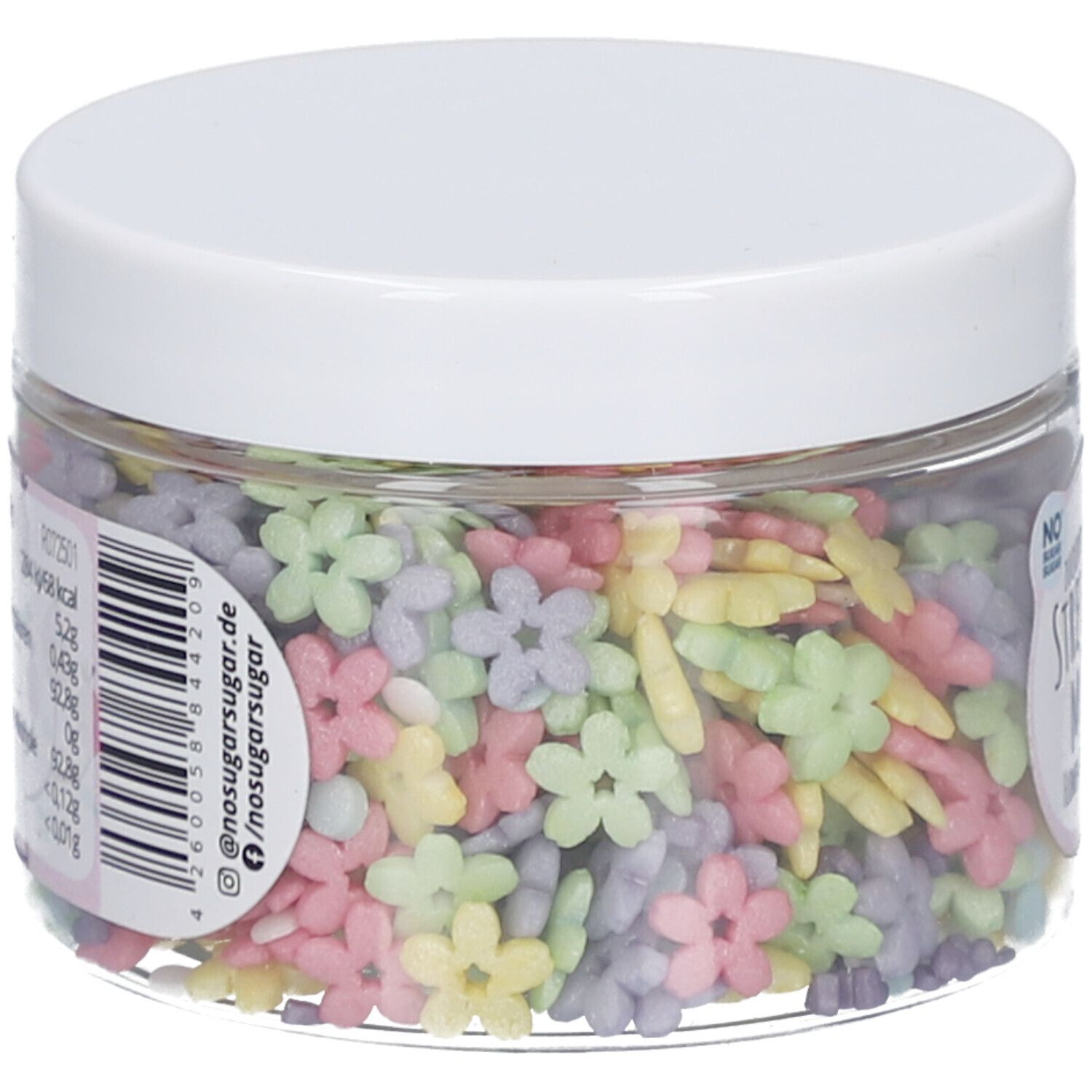 Klare Dose mit bunten, blütenförmigen Streuseln. Aufkleber mit Barcode und Text. Deckel weiß.