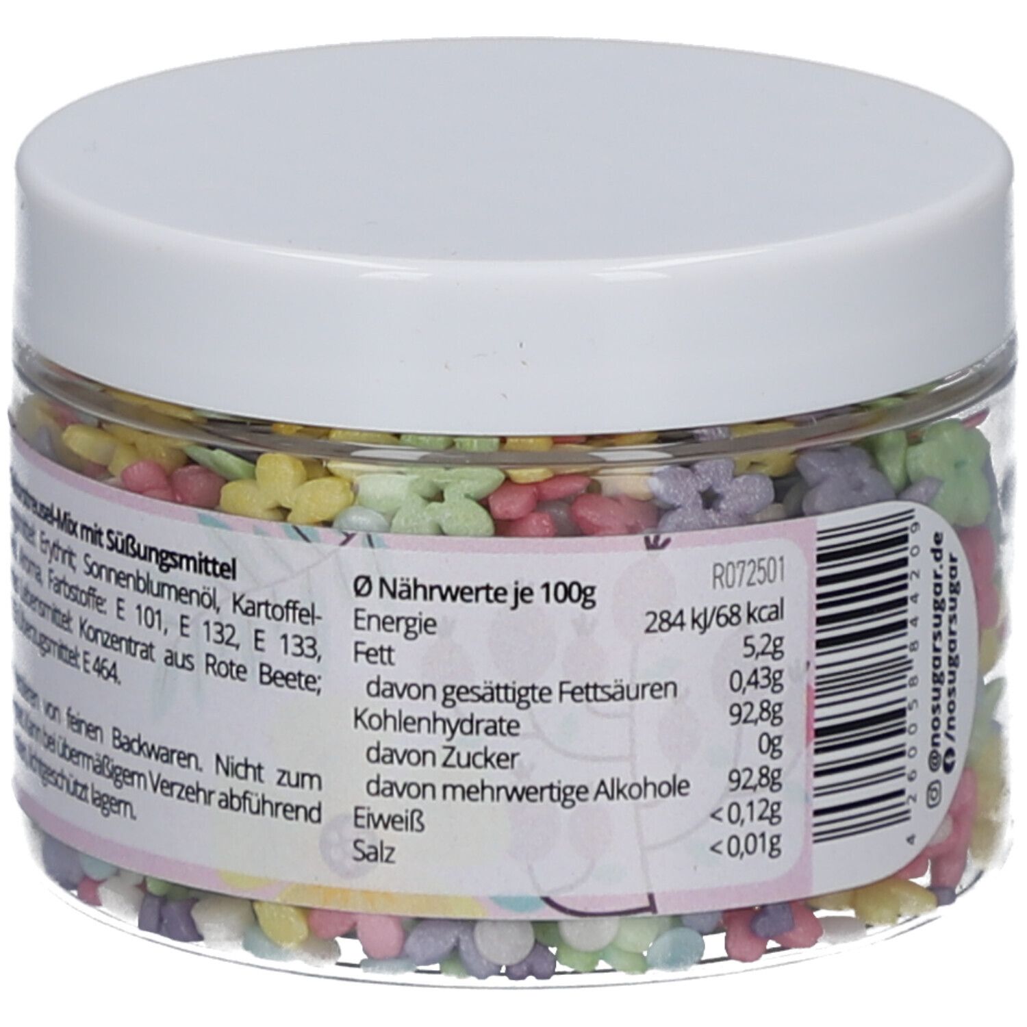 Klare Dose mit bunten, blütenförmigen Streuseln. Aufkleber mit Nährwertangaben. Deckel weiß.