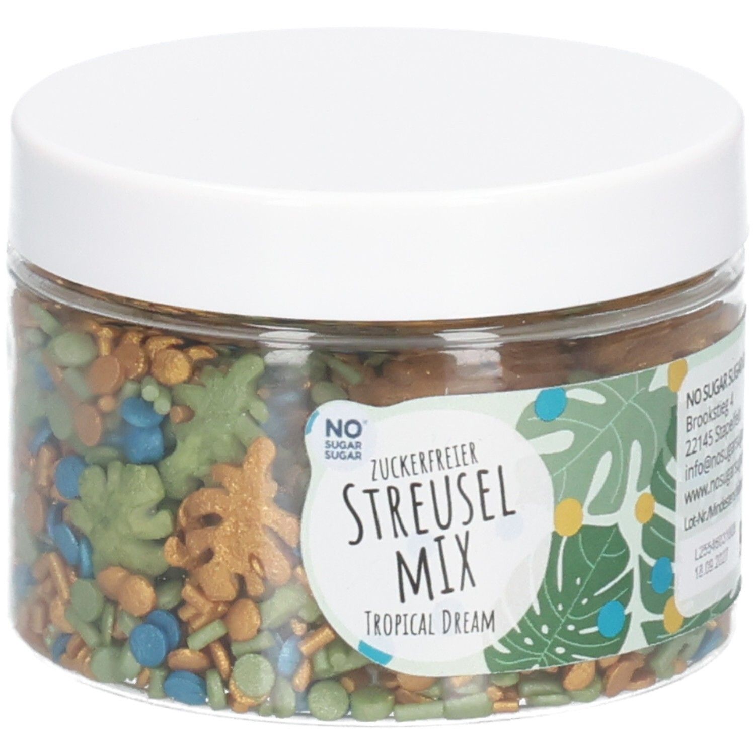 Klare Dose mit Streuseln. Aufkleber mit "NO SUGAR SUGAR", "Zuckerfreier Streusel Mix Tropical Dream".