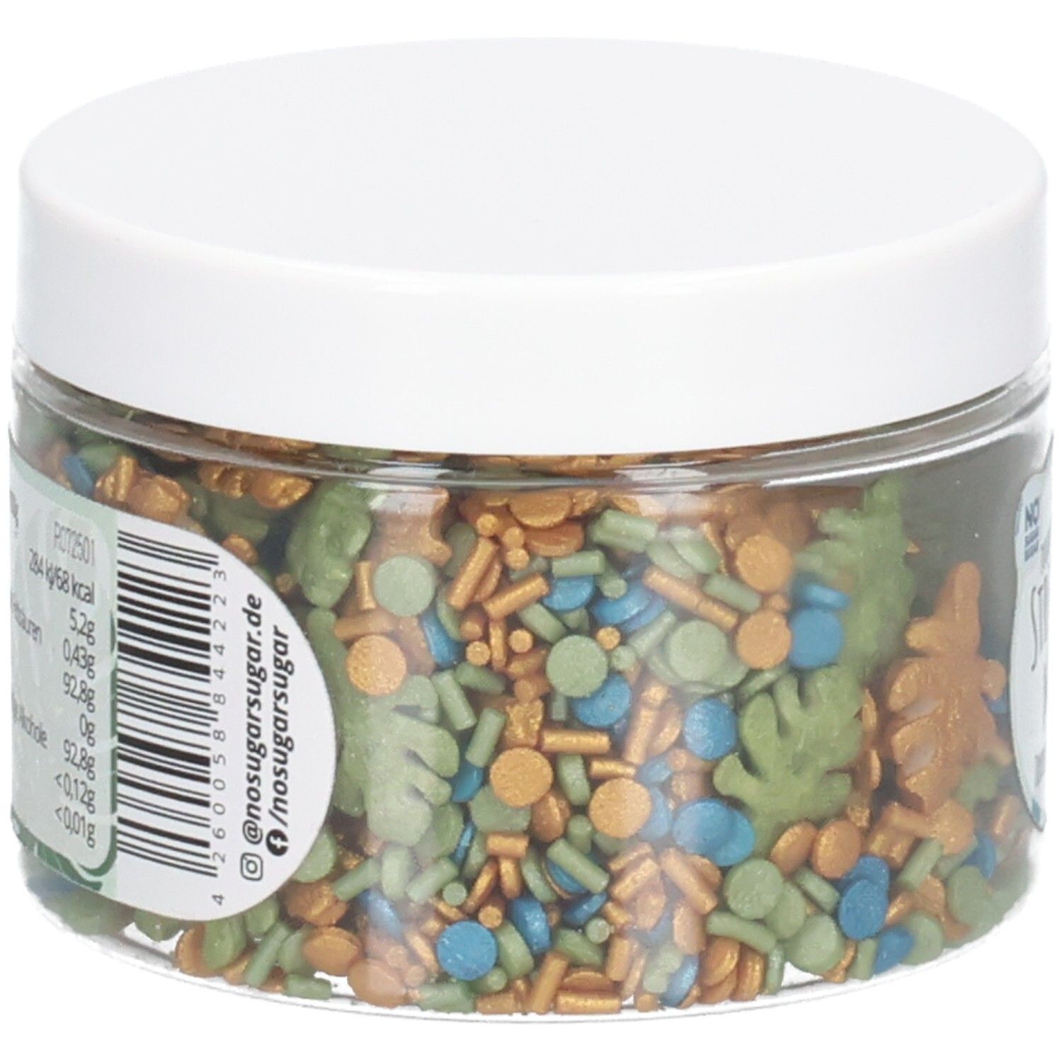 Klare Dose mit Streuseln. Aufkleber mit Nährwertangaben. Streusel in Grün, Blau und Gold.