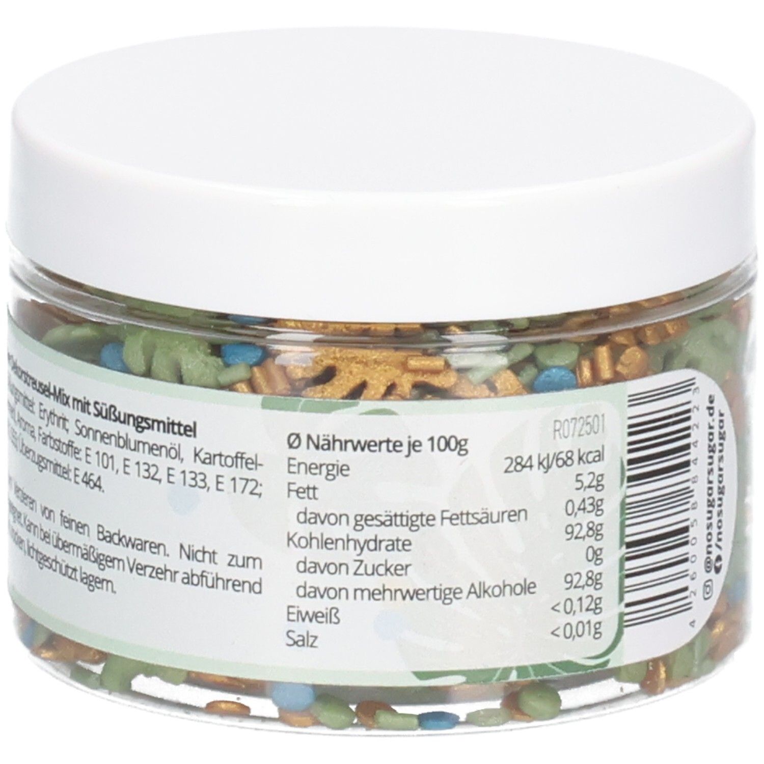 Rückseite der Dose mit Zutatenliste und Nährwertangaben. Streusel in Grün, Blau und Gold.